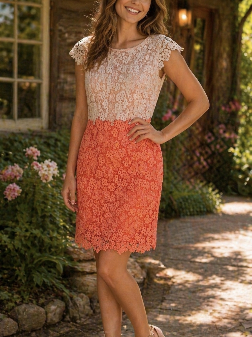 julia jordan Cream and Coral Lace Sheath Dress